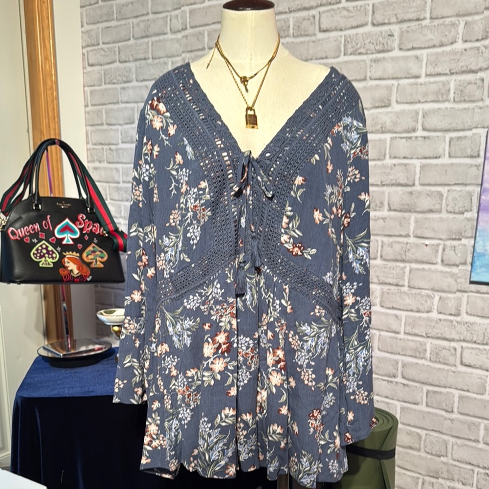 Torrid Blue Ruffled Tie Front Blouse